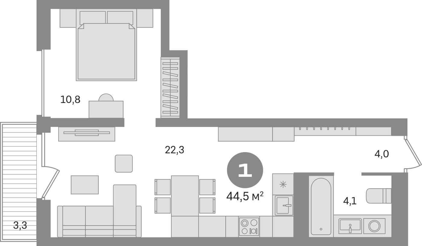 Планировка 2Е-к.кв, 44,5 м² в ЖК Северный квартал